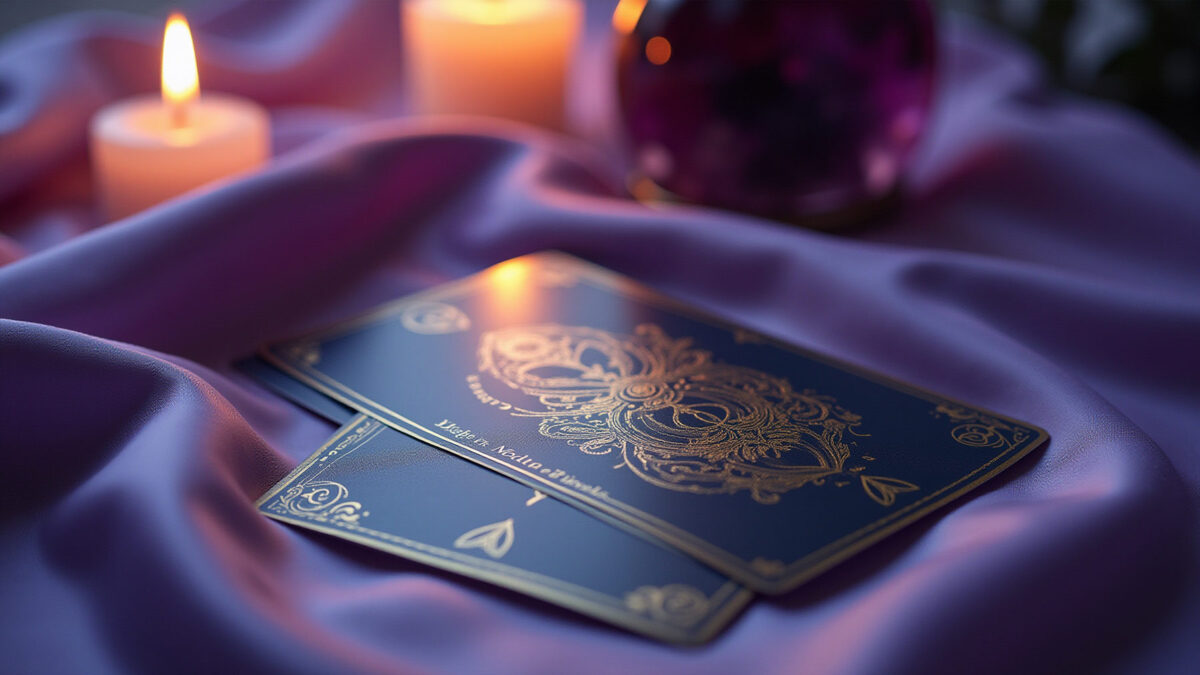 Tarot cards on purple fabric with lit candles