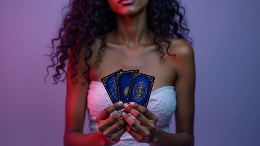 Woman holding a fan of tarot cards during a remote session